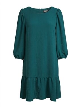 DKNY Teal Long-Sleeve Ruffle-Hem Shift Dress